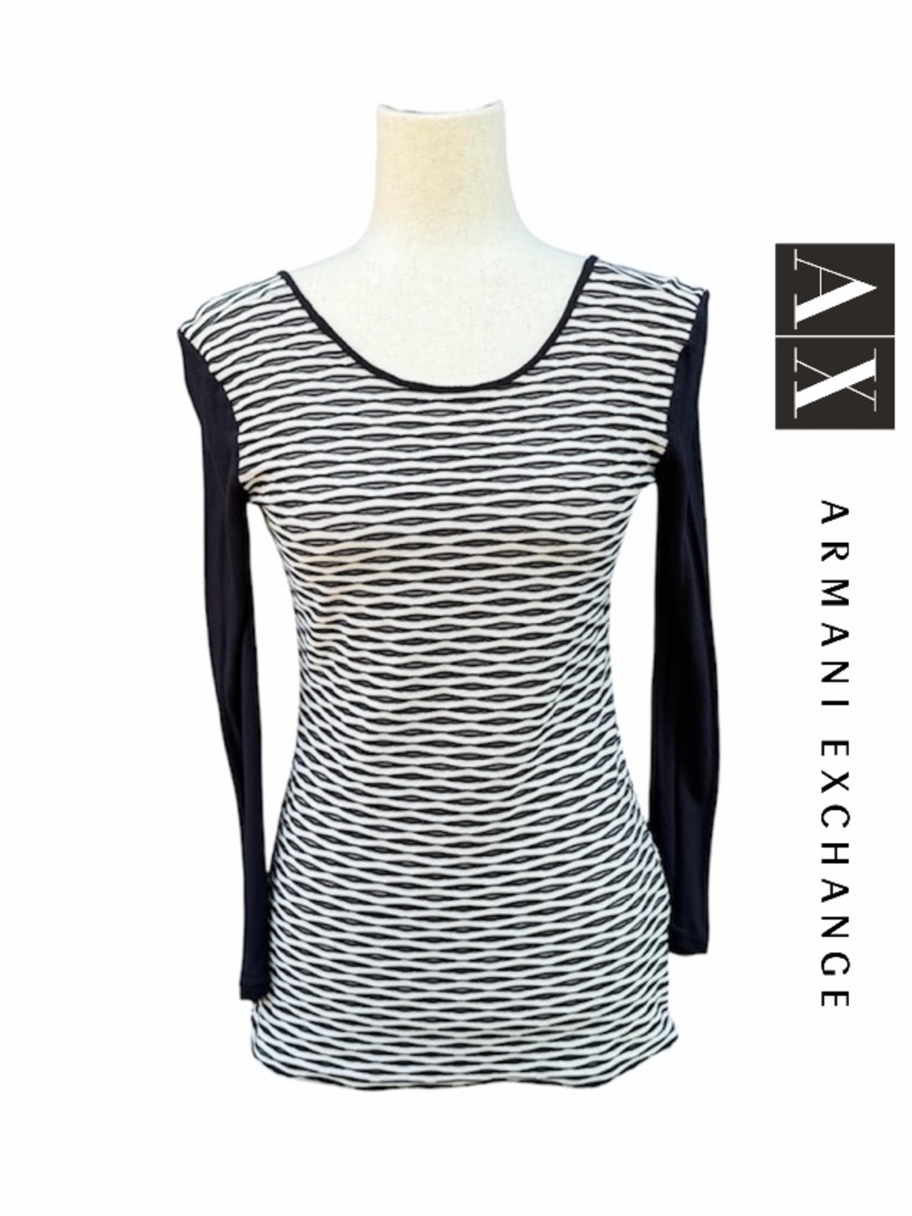 Armani Exchange Navy & White Textured Geometric Striped Long Sleeve Tee w zip